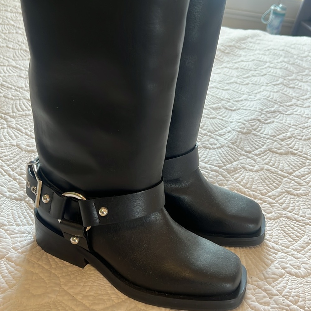 Ganni Black Leather Boots with Harness Detail